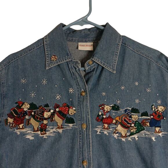 Bobbie Brooks Vintage Denim Shirt Womens Size M Blue X-Mas Bears Embroidered - Picture 2 of 15